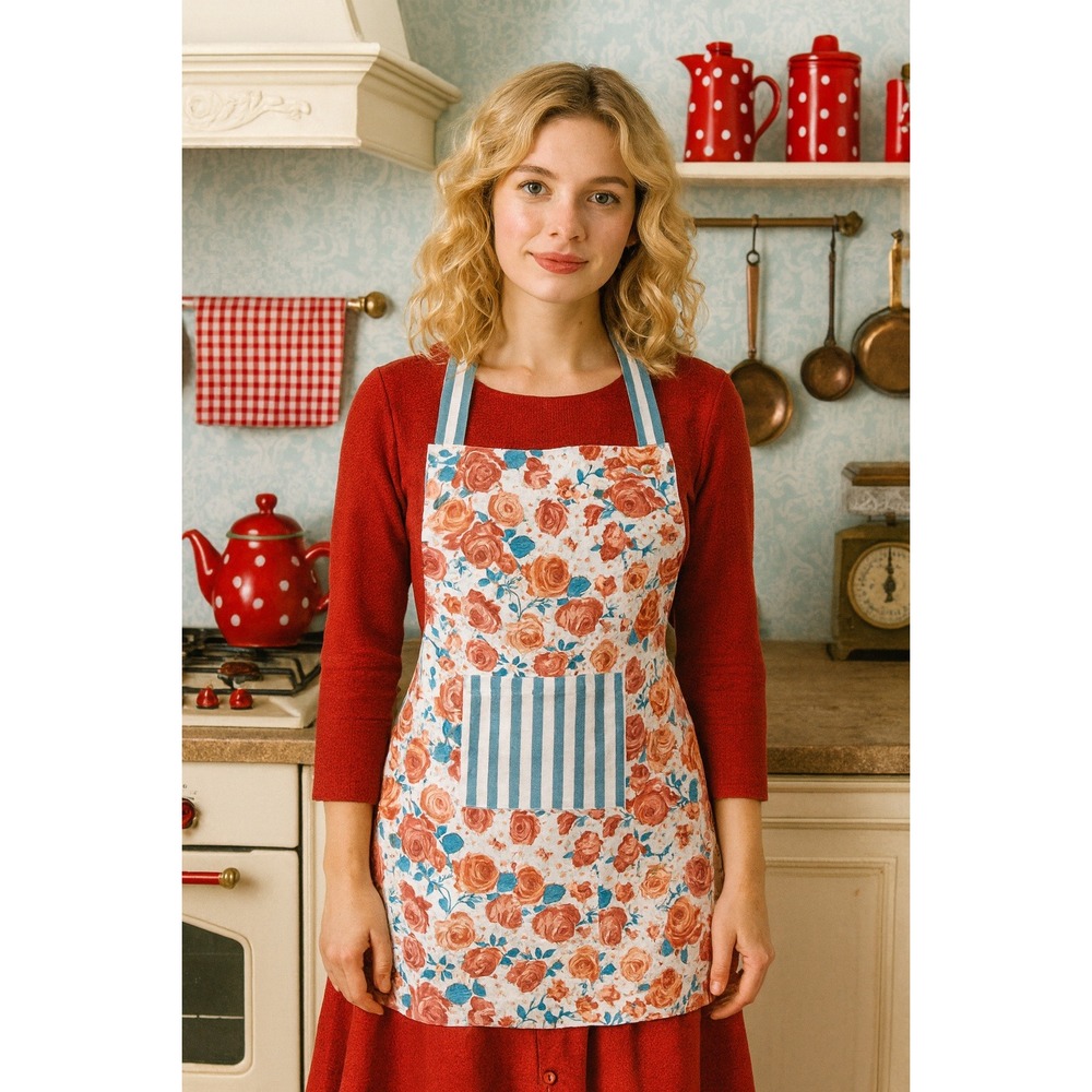 Pantry Floral Apron with Pocket, Roses, Polka‎ Dot, Blue Stripes, 28x31
